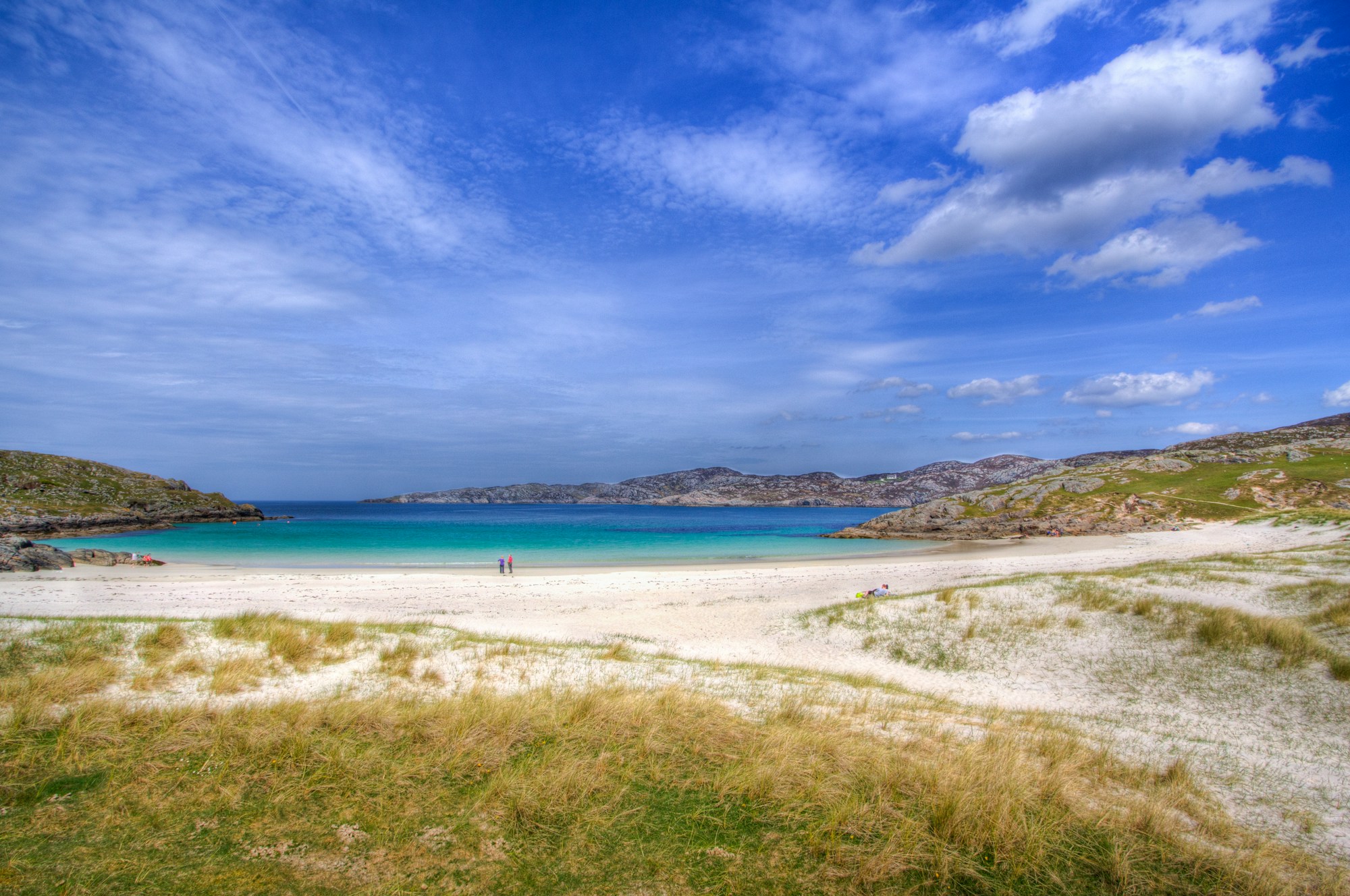 Clear turquoise water meeting pale sand at Achmelvich bay