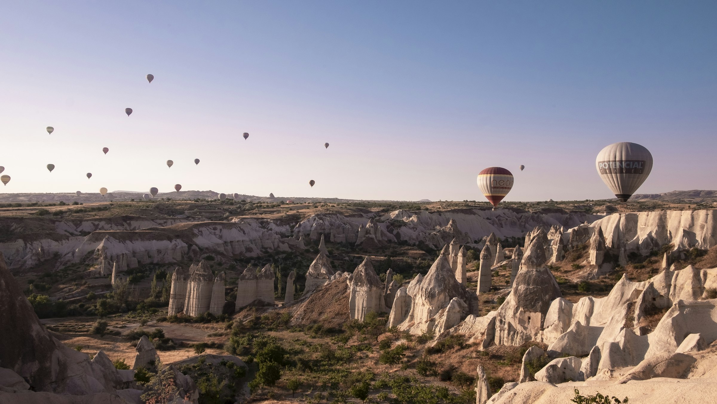 Des montgolfières au-dessus des vallées de tuf de Cappadoce à l'aube, vues d'un point haut, les cheminées de fée en contrebas.