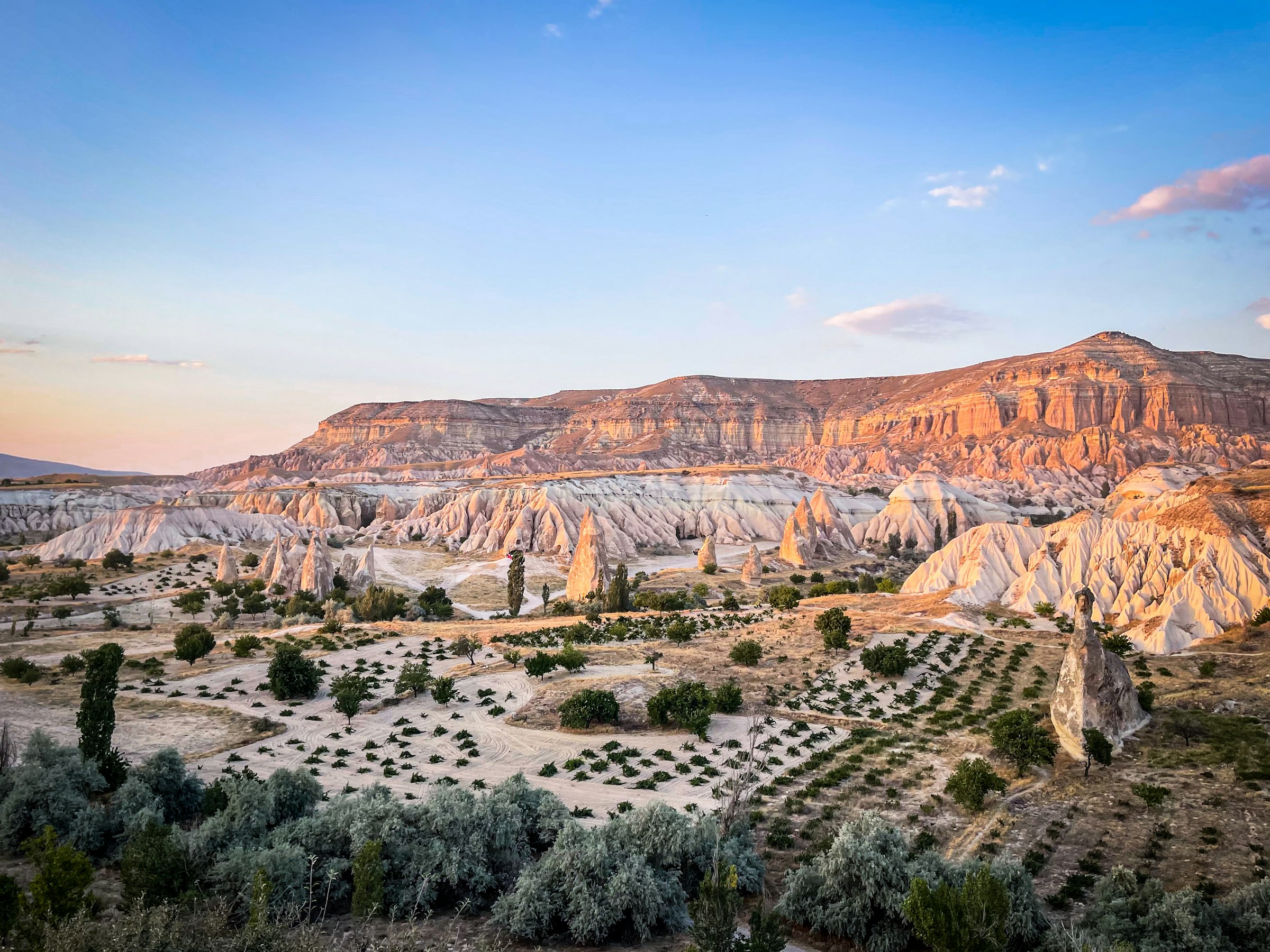 Le paysage de la Rose Valley en Cappadoce au couchant : des formations de tuf érodées teintées de doré, des vergers en contrebas.
