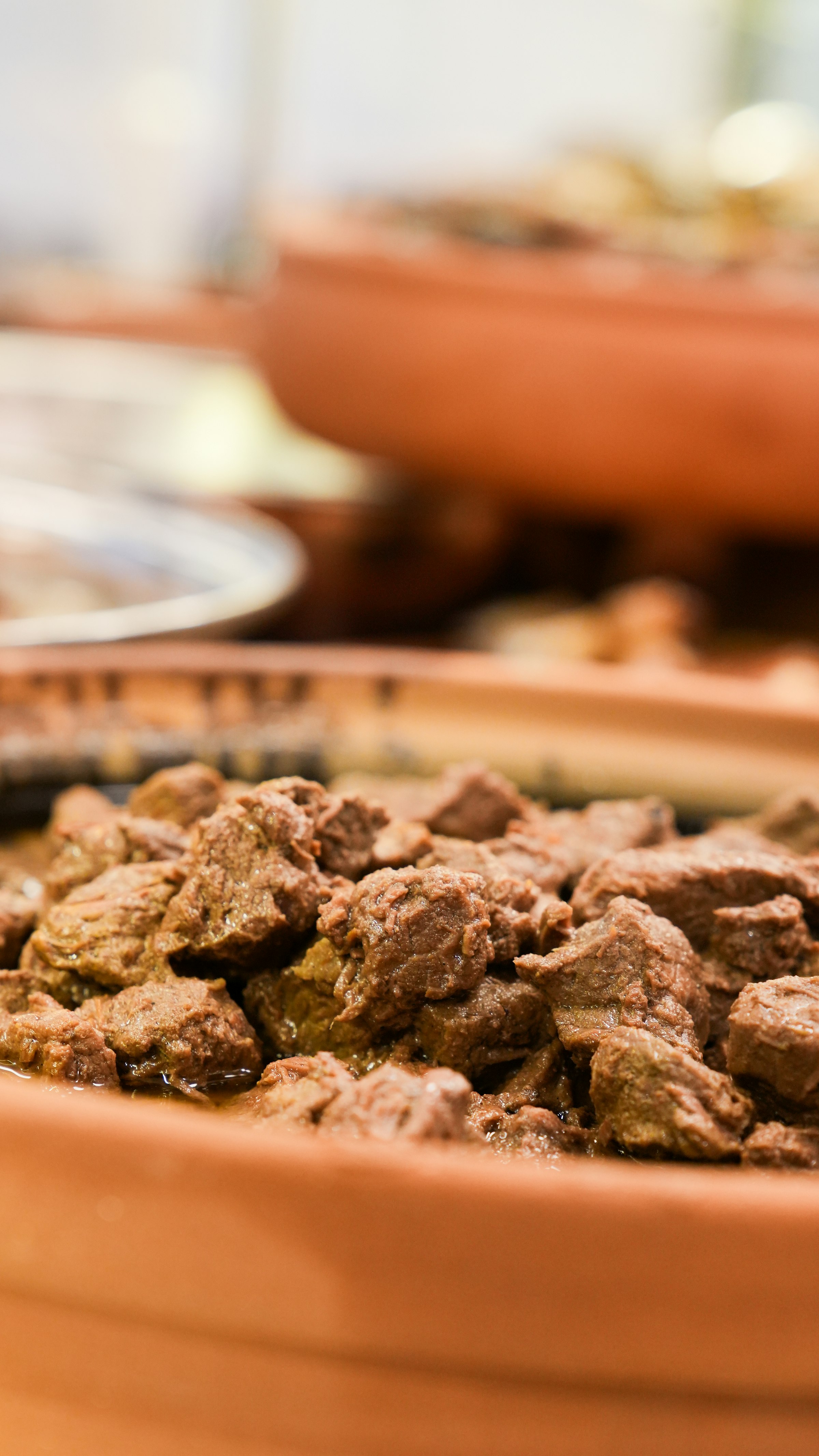 Un ragoût de viande mijoté dans un pot d'argile rustique, en gros plan.