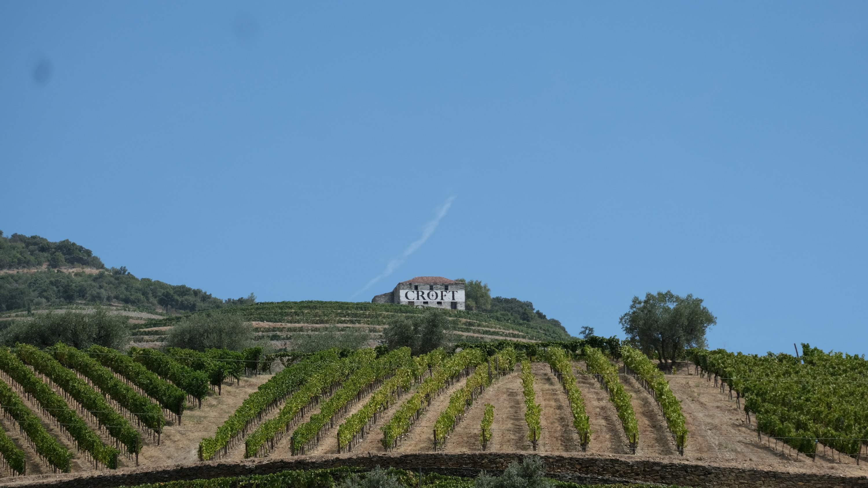 Maison isolée au sommet d'une colline de vignobles à Pinhão, dans la vallée du Douro — quinta viticole entourée de terrasses de vigne en Portugal.