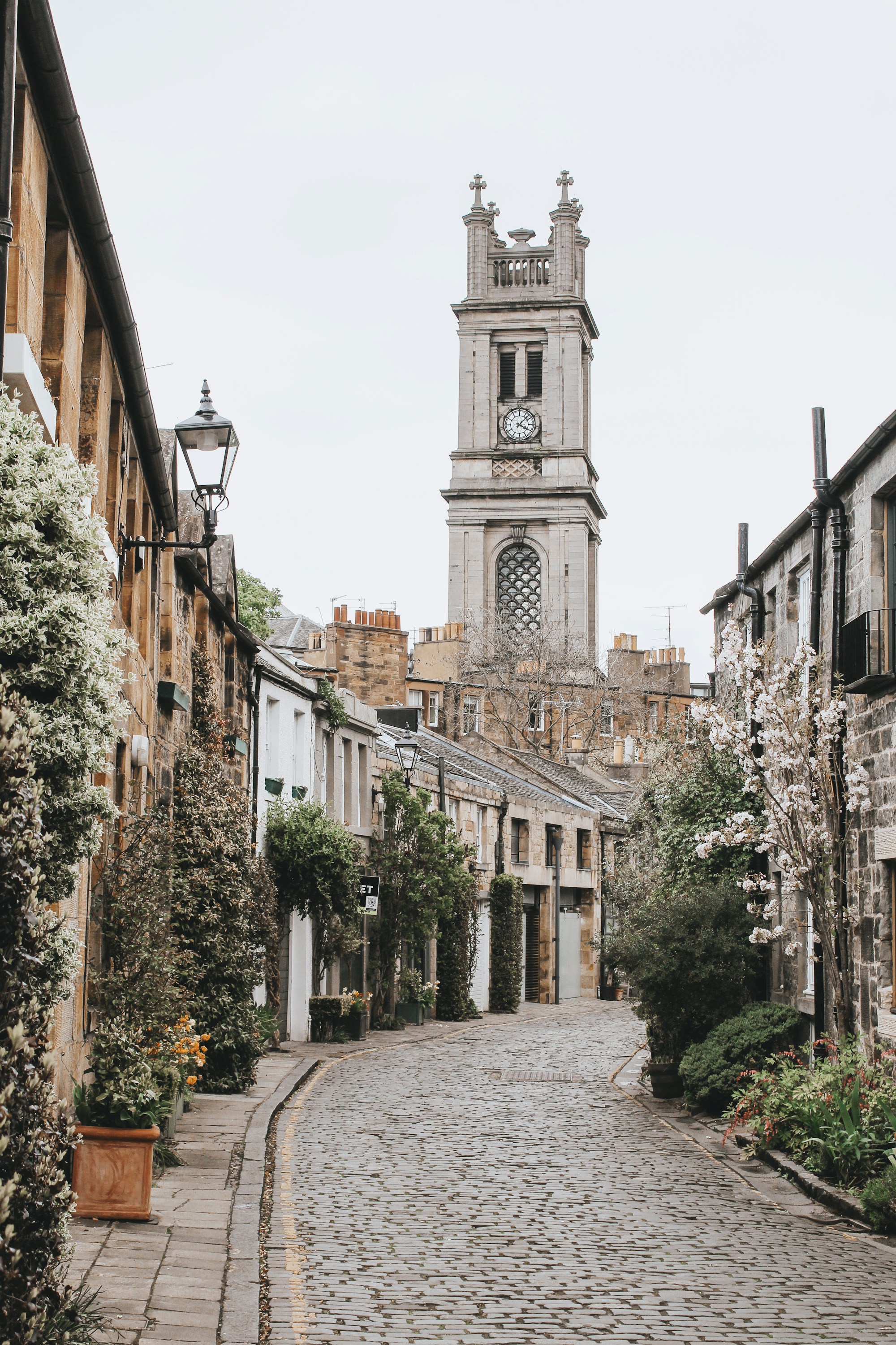 A curved cobbled mews lane lined with low converted stable-houses, ivy and flowering shrubs along the walls, a church clock-tower spire at the end of the lane.