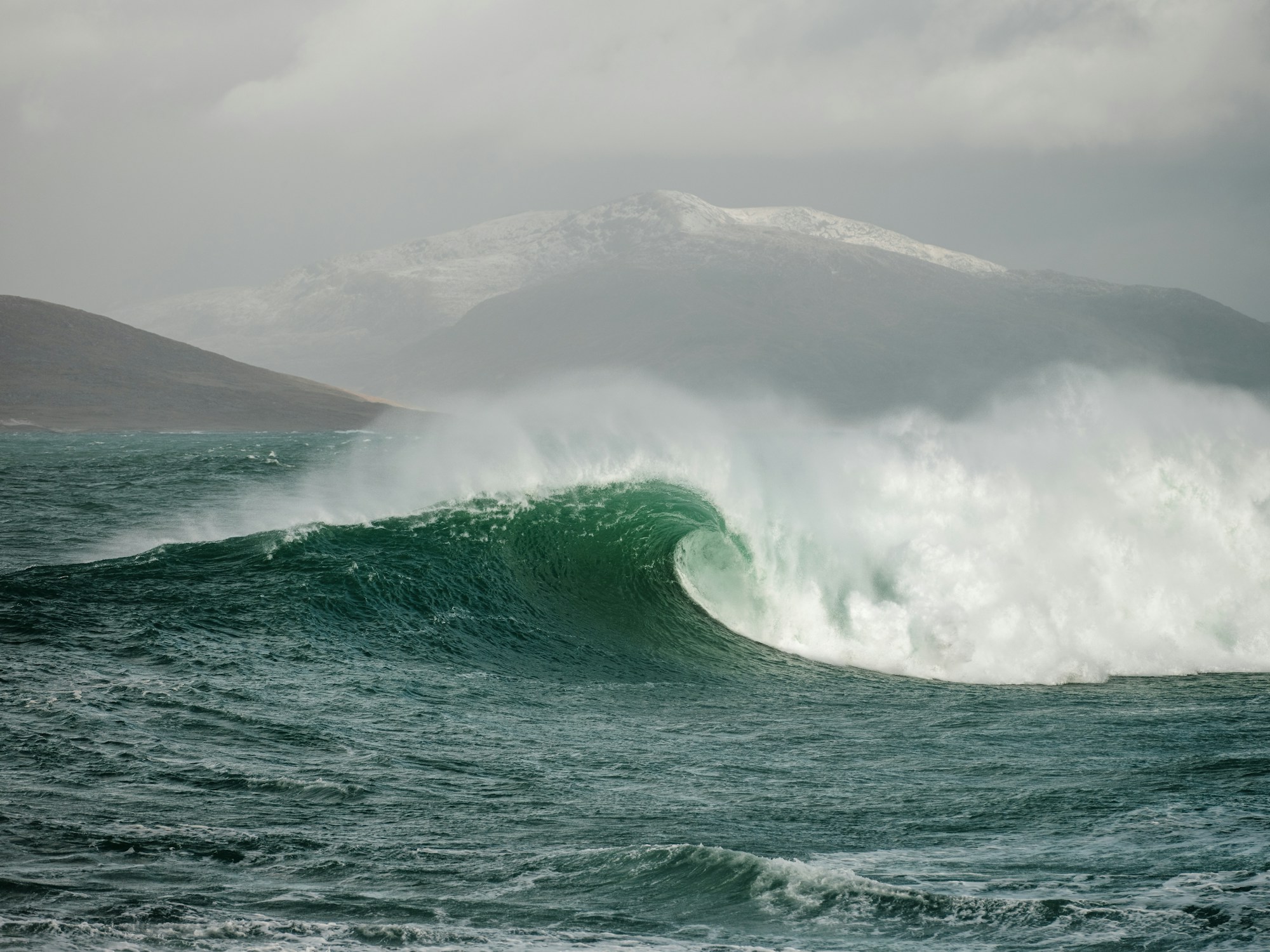 Atlantic swell rolling toward the rocky shore of the Isle of Harris